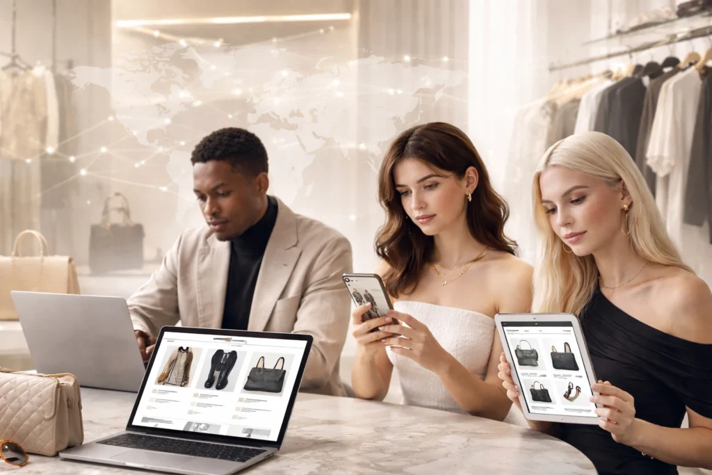 Farfetch-inspired luxury fashion marketplace showing global shoppers and premium ecommerce monetization model