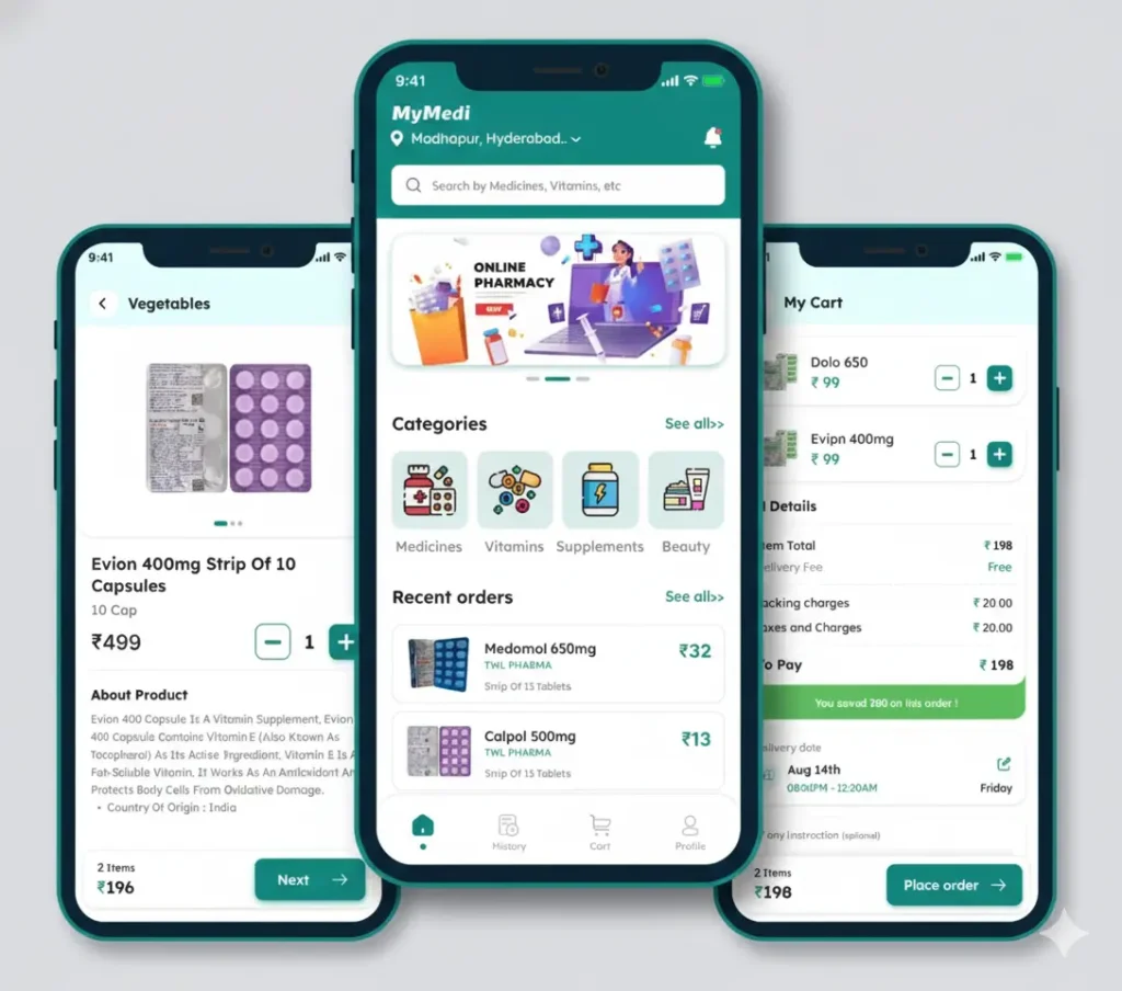 white-label PharmEasy app interface showing secure online pharmacy features like medicine search, cart, and checkout on mobile