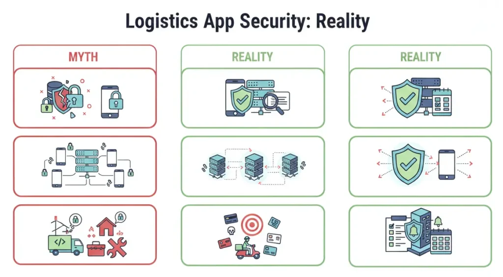 Logistics app security myths vs reality showing secure backend architecture, encrypted APIs, compliance checks, and protected delivery systems