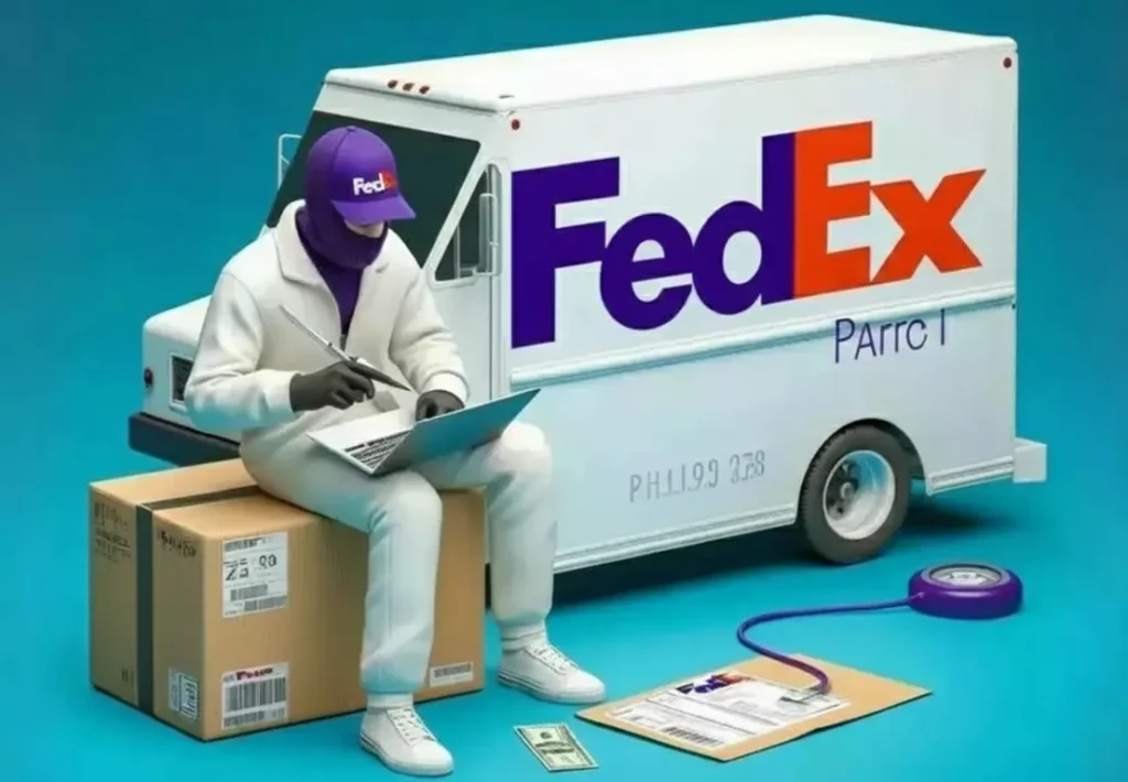 FedEx delivery app security illustration showing fraud prevention, data protection, and secure logistics operations