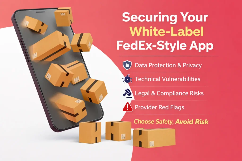 Illustration showing a smartphone with multiple delivery boxes and security icons representing data protection, compliance, and risk management in a white-label FedEx-style app.