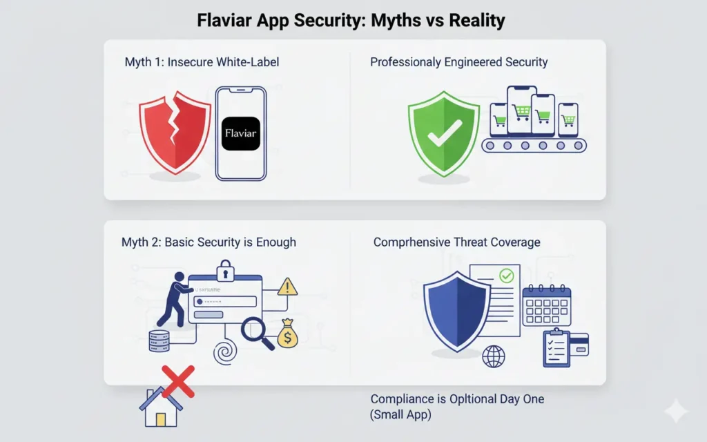 Infographic showing Flaviar app security myths versus reality, comparing insecure white-label app assumptions with professionally engineered security, threat coverage, and compliance.