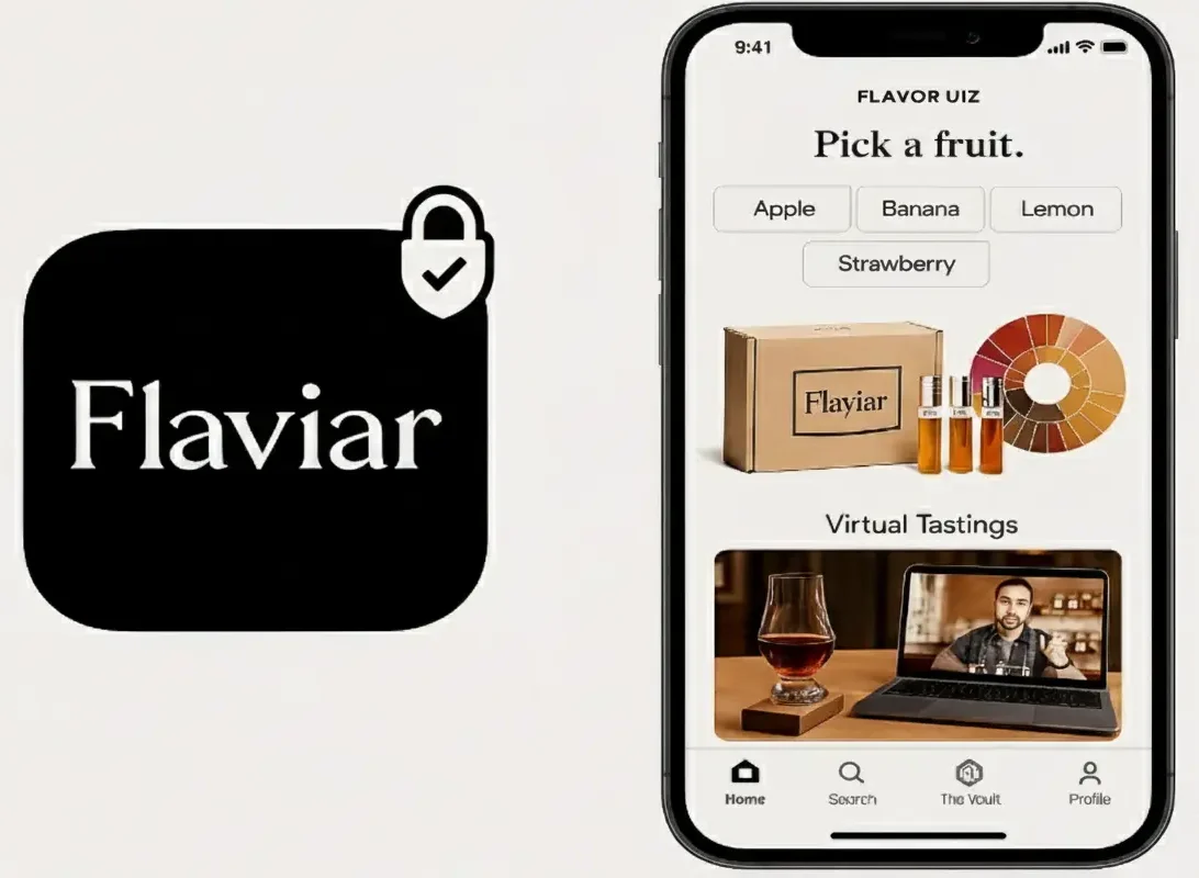 Flaviar app interface showing secure digital experience with verified lock icon and protected mobile dashboard