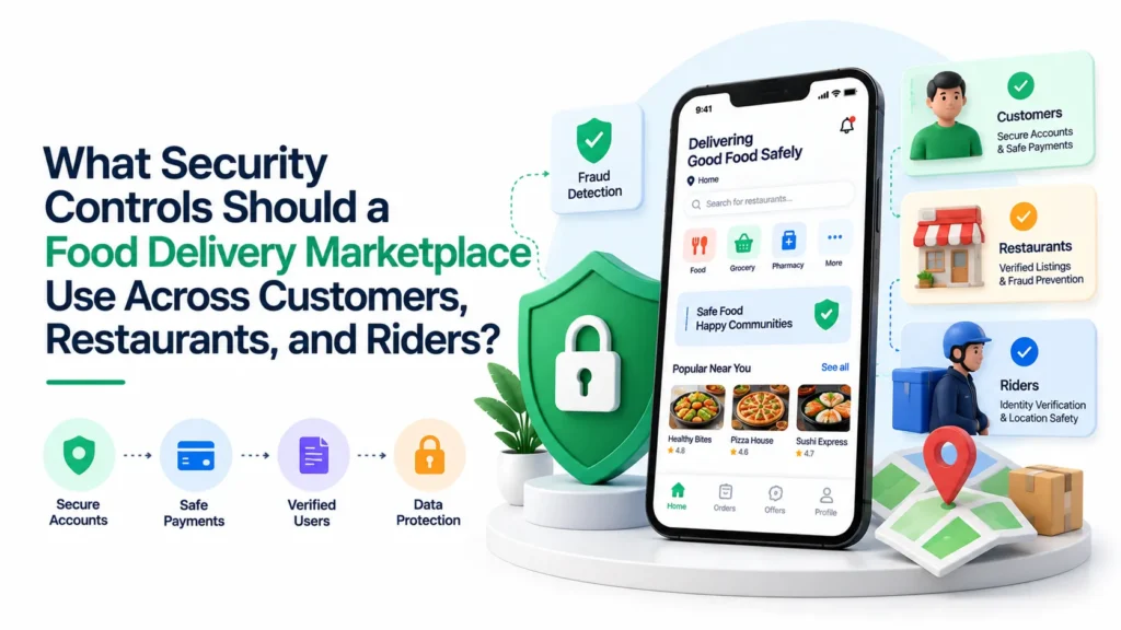 Food delivery marketplace security controls for customers, restaurants, riders, payments, and data protection