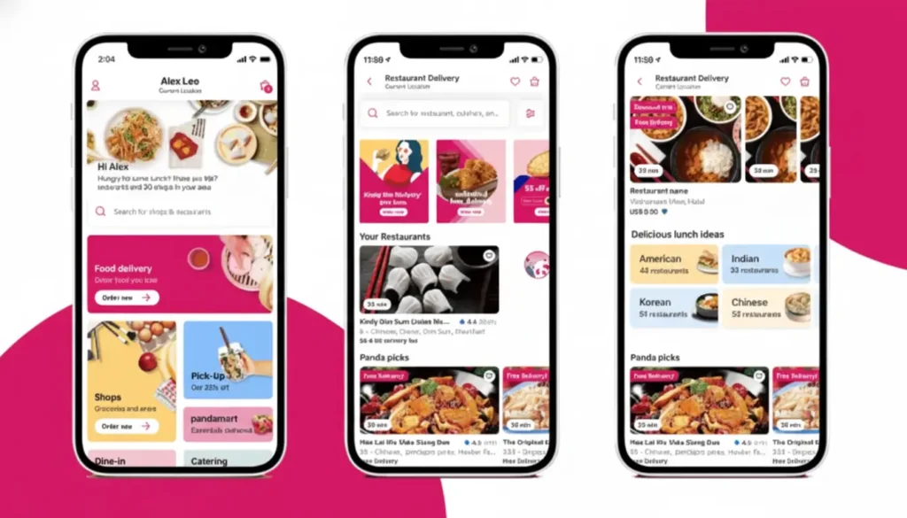 Foodpanda mobile app interface showing home screen, restaurant listings, and food delivery options