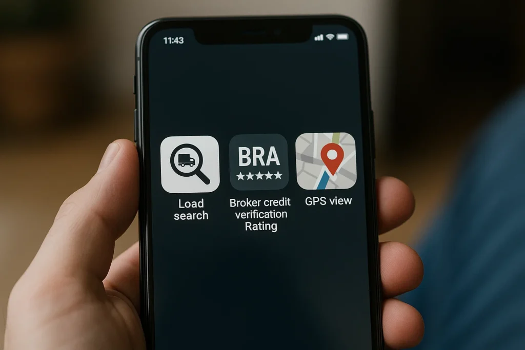 Close-up of a smartphone screen showing three logistics app feature icons: a magnifying glass with a truck representing Load Search, a star-rated “BRA” icon for Broker Credit Verification & Rating, and a GPS map pin icon for real-time GPS View and tracking. The phone is held in a hand, illustrating how truckers and freight professionals use mobile apps to find loads, verify brokers, and navigate routes efficiently.