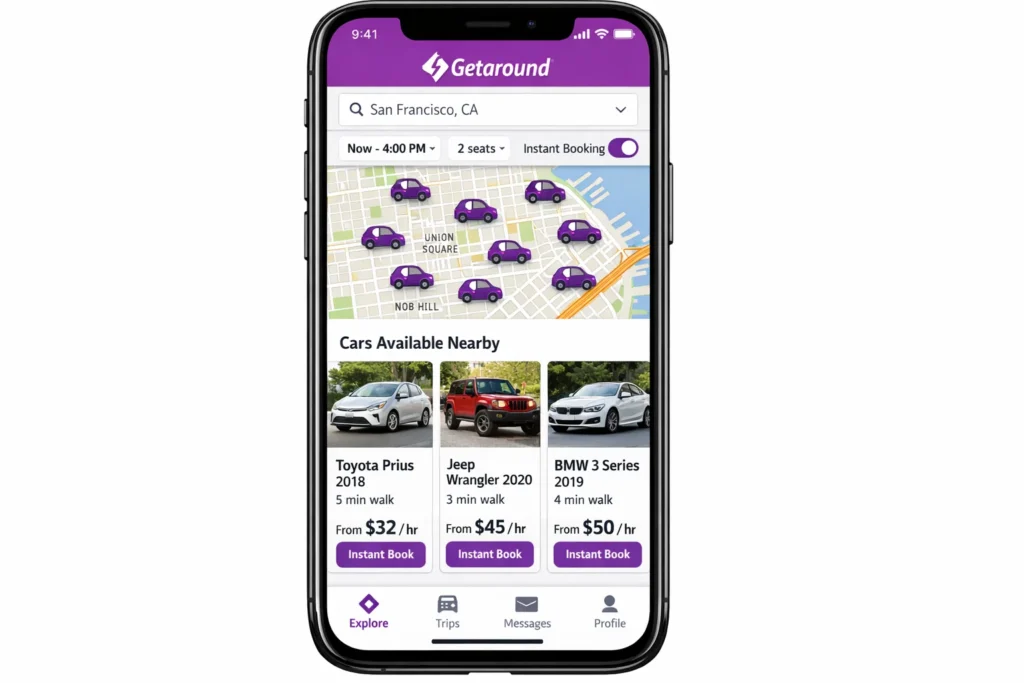 Getaround car sharing app screen showing nearby available cars on a city map with instant booking enabled, hourly rental pricing, vehicle listings, and location-based discovery for peer-to-peer car rentals in San Francisco.