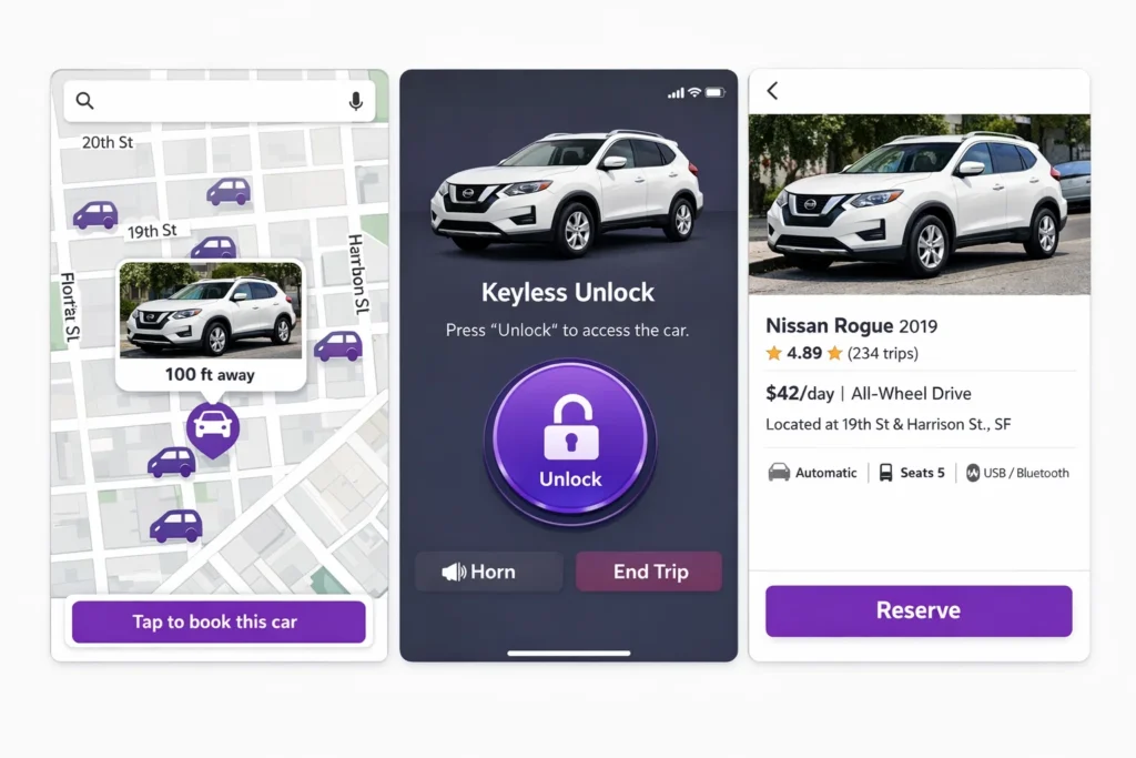 Getaround car sharing app interface showing nearby available cars on a city map, keyless unlock screen with digital access controls, and detailed car listing with pricing, ratings, location, and reserve button for instant peer to peer car rental.