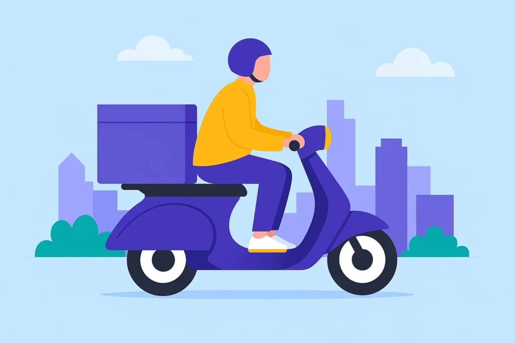 Illustration of Getir quick commerce model with a delivery rider and urban backdrop