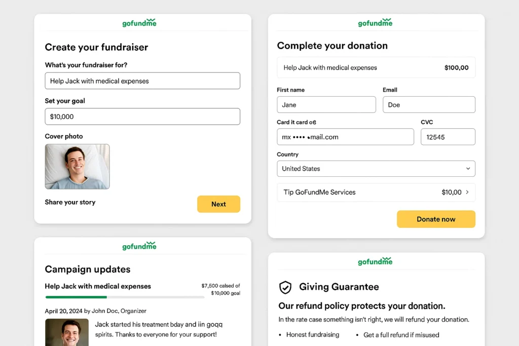 GoFundMe interface showing fundraiser creation form, donation checkout page, campaign updates section, and Giving Guarantee refund policy for medical expense fundraising.