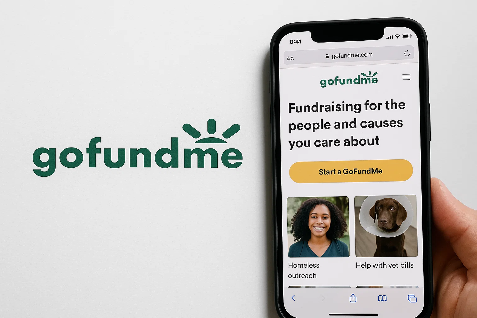 GoFundMe mobile website homepage displayed on a smartphone showing fundraising campaigns for people and causes, with a start a GoFundMe call-to-action and example donation categories.