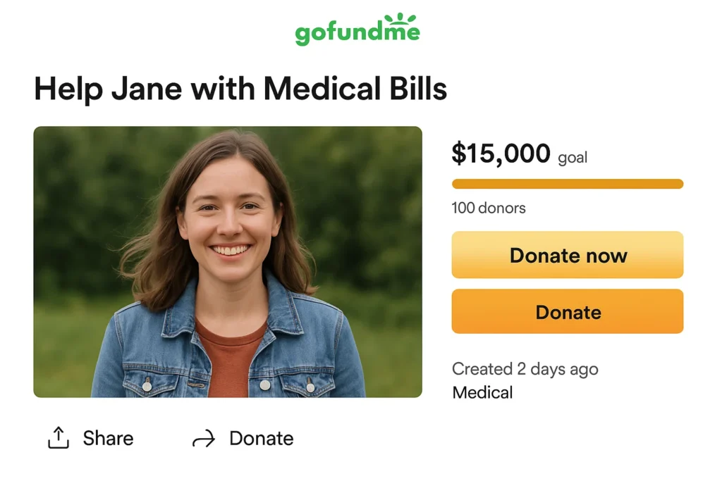 GoFundMe medical fundraising campaign page showing a woman requesting help with medical bills, including donation goal amount, donor count, and donate call-to-action buttons.
