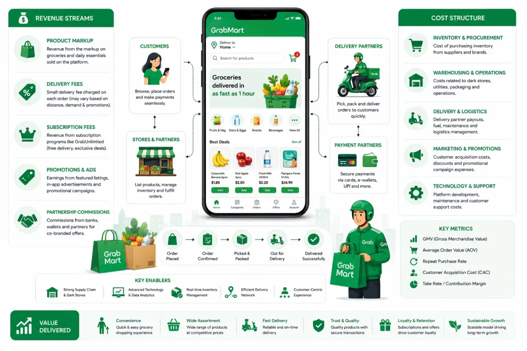 GrabMart business model infographic showing revenue streams, delivery operations, subscriptions, grocery app workflow, and cost structure analysis