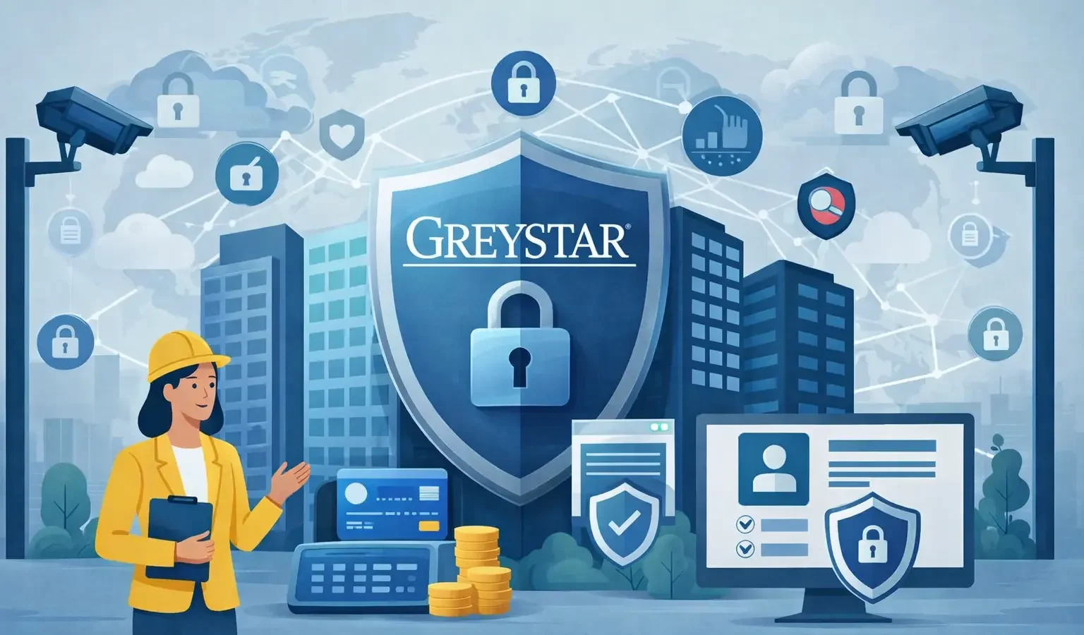 White-label Greystar app security illustration showing protected tenant data, secure payments, encrypted systems, and compliance-focused property management