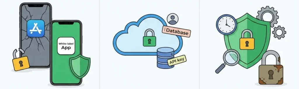 White-label Greystar app security illustration showing secure mobile app, encrypted cloud database, protected API keys, and data protection systems