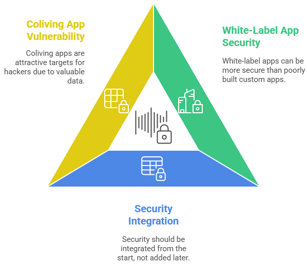 White-label Habyt app security diagram showing coliving app vulnerabilities, secure white-label app architecture, and early security integration