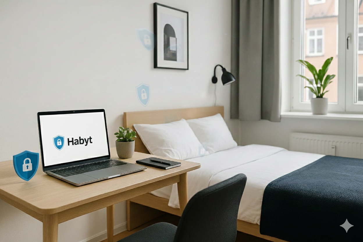 Secure white-label Habyt app displayed in a modern coliving room highlighting data protection and user safety