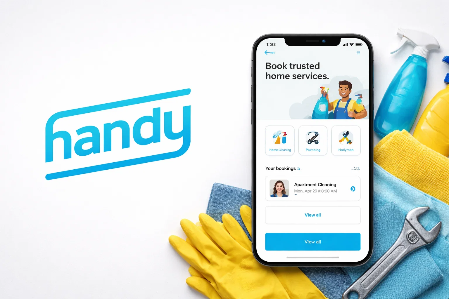 Handy-style home services booking mobile app interface showing trusted home cleaning, plumbing, and handyman service categories, user bookings dashboard, and verified professional listings, displayed alongside cleaning tools to represent on-demand home service scheduling and management.
