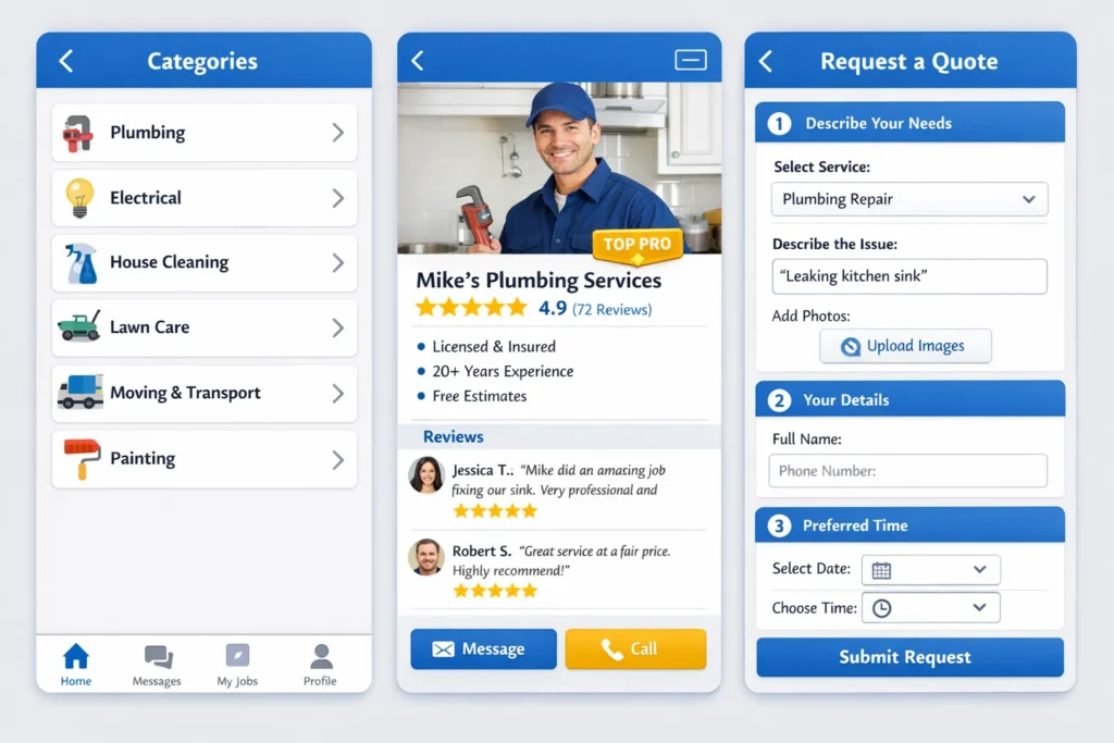 Home services marketplace mobile app interface showing service categories like plumbing, electrical, house cleaning, lawn care, moving, and painting, a top-rated service provider profile with reviews and credentials, and a request-a-quote form allowing users to describe issues, upload photos, select preferred time, and submit service requests.