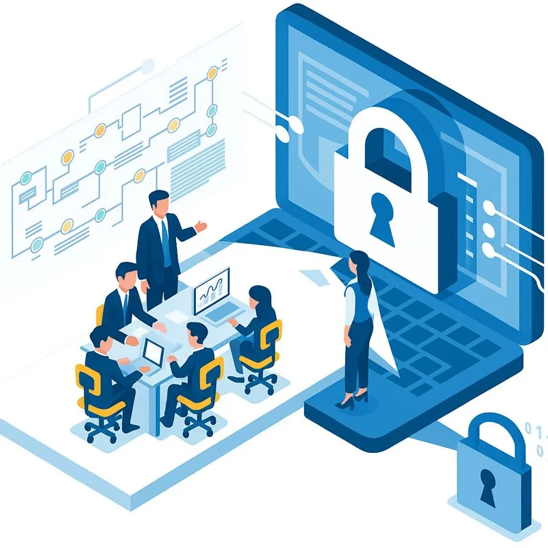 Isometric illustration showing a business team working on laptops with a large digital padlock symbol on a laptop screen, representing app security and data protection.