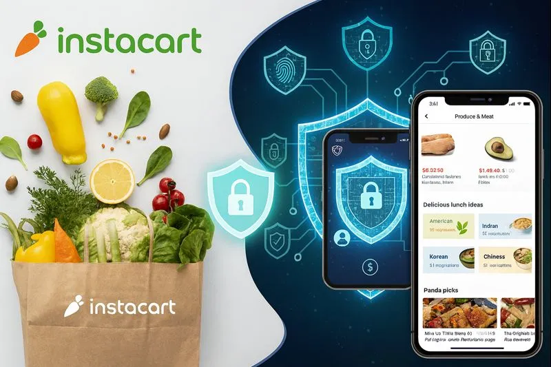 Instacart grocery bag with vegetables beside secure mobile app interface and digital security shield icons.