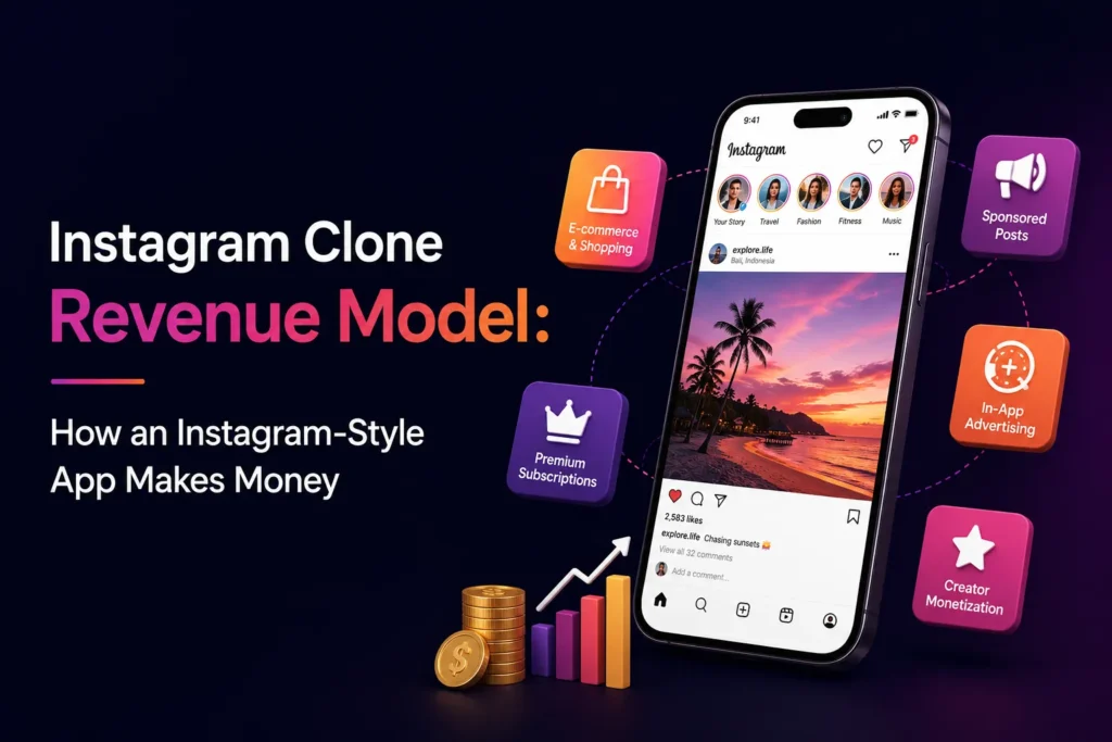 Instagram clone revenue model showing sponsored posts, in-app advertising, premium subscriptions, ecommerce, and creator monetization