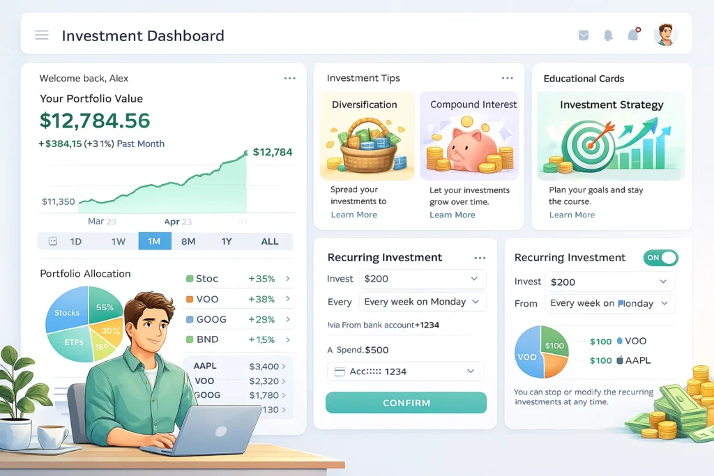 Investment dashboard interface showing portfolio value growth, monthly performance chart, asset allocation pie chart, stock and ETF holdings, educational investment tips, and recurring investment setup with weekly automated contributions.