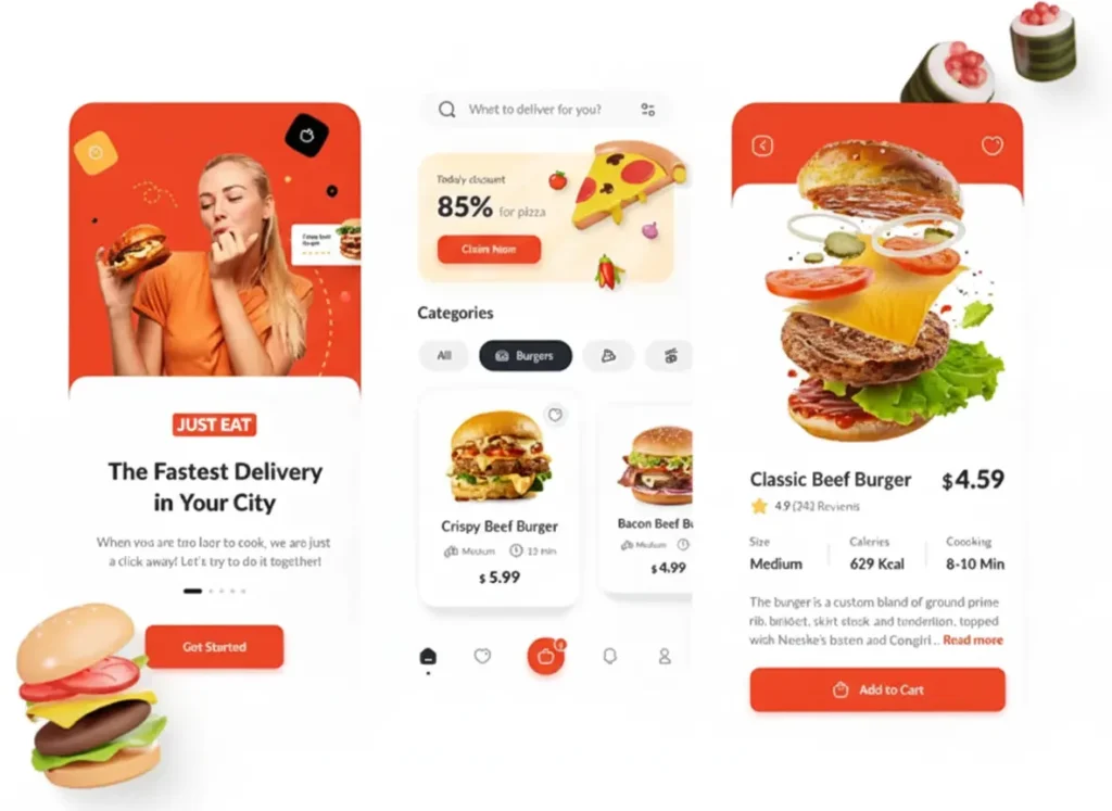 Just Eat app screen on a white background with the logo and a clear security shield icon, representing food delivery app trust.