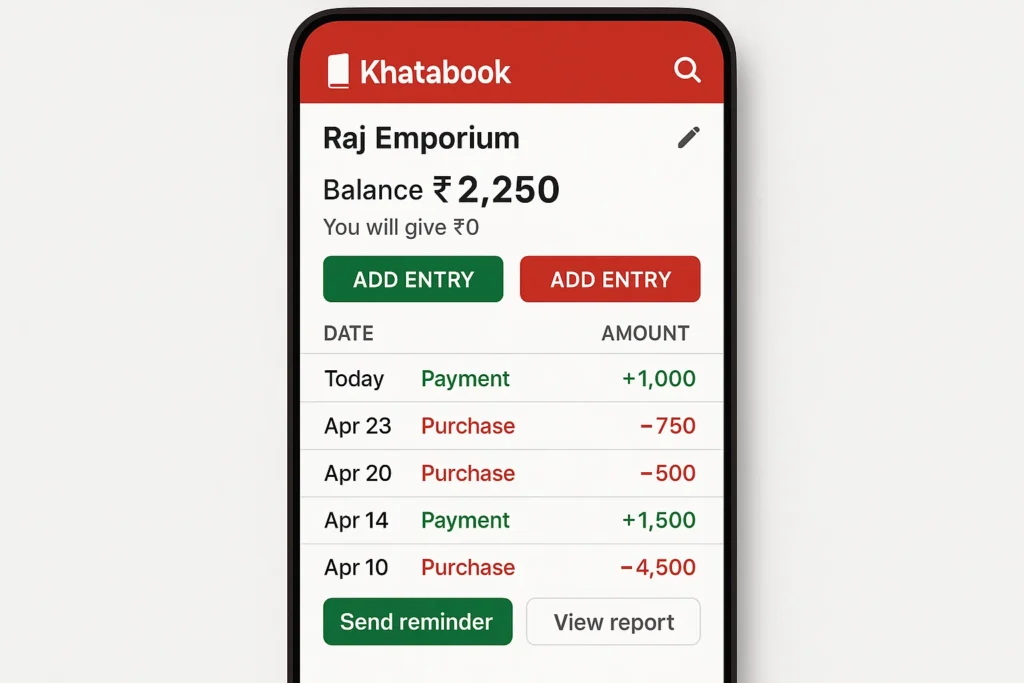Khatabook app customer ledger screen showing Raj Emporium account with running balance, payment and purchase entries, transaction dates, amounts, and options to add entries or send payment reminders.