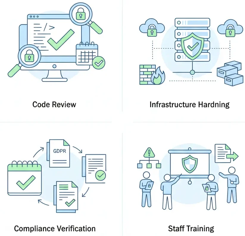 Pre-launch security practices for white-label Lalamove app including code review, infrastructure hardening, compliance verification, and staff training