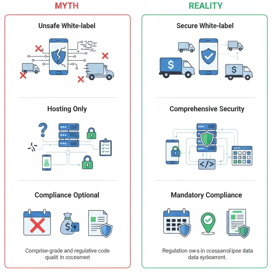 Myths vs reality of white-label Lalamove app security showing unsafe assumptions versus secure enterprise-grade app protection and compliance