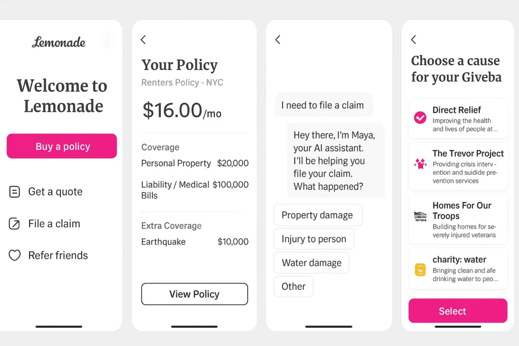 Four-screen Lemonade insurance mobile app interface showing the user experience from onboarding to claims and Giveback selection. The first screen welcomes the user with options to buy a policy, get a quote, file a claim, or refer friends, paired with a bright pink call-to-action button. The second screen displays a renters insurance policy for NYC costing $16.00 per month, detailing coverage amounts for personal property, liability/medical bills, and earthquake add-ons. The third screen shows an AI assistant named Maya helping a user file a claim with quick-select options for property damage, injury to person, water damage, or other issues. The fourth screen presents a Giveback charity selection list, including Direct Relief, The Trevor Project, Homes for Our Troops, and charity: water, each with icons and brief descriptions, along with a pink "Select" button at the bottom.