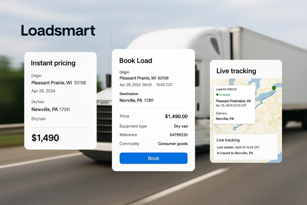Loadsmart freight logistics interface displayed over a background of a moving semi-truck on a highway. The UI showcases three panels: Instant Pricing, Book Load, and Live Tracking. The Instant Pricing card shows the origin Pleasant Prairie, WI 53158 and destination Newville, PA 17241 for a Dry Van shipment priced at $1,490. The Book Load card displays the same lane with the pickup date April 26, 2024, 08:00–15:00 CDT, equipment type Dry Van, reference number 64799230, commodity Consumer goods, and a blue “Book” button. The Live Tracking card features a route map with the load listed as “In transit” from Pleasant Prairie, WI to Newville, PA, showing the last update timestamp and real-time shipment progress. The entire layout represents Loadsmart’s digital freight management platform with pricing, booking, and tracking integrated into a modern logistics UI.