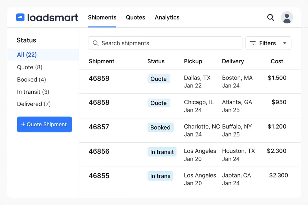 Loadsmart shipments dashboard showcasing a freight logistics management interface with shipment listings, shipment numbers, statuses, pickup and delivery locations, and transportation costs. The left sidebar includes shipment status categories such as All (22), Quote (8), Booked (4), In transit (3), and Delivered (7), along with a blue “Quote Shipment” button. The main table displays shipment IDs such as 46859, 46858, 46857, 46856, and 46855, with status tags like Quote, Booked, and In transit. Each row includes pickup locations such as Dallas TX, Chicago IL, Charlotte NC, and Los Angeles CA, along with delivery destinations including Boston MA, Atlanta GA, Buffalo NY, Houston TX, and Japton CA. Costs range from $950 to $2,300. A search bar labeled “Search shipments” and a Filters dropdown are positioned above the table, with navigation tabs for Shipments, Quotes, and Analytics at the top. The user profile icon and search icon appear on the top right, giving the interface a clean SaaS design tailored for digital freight and shipment tracking.