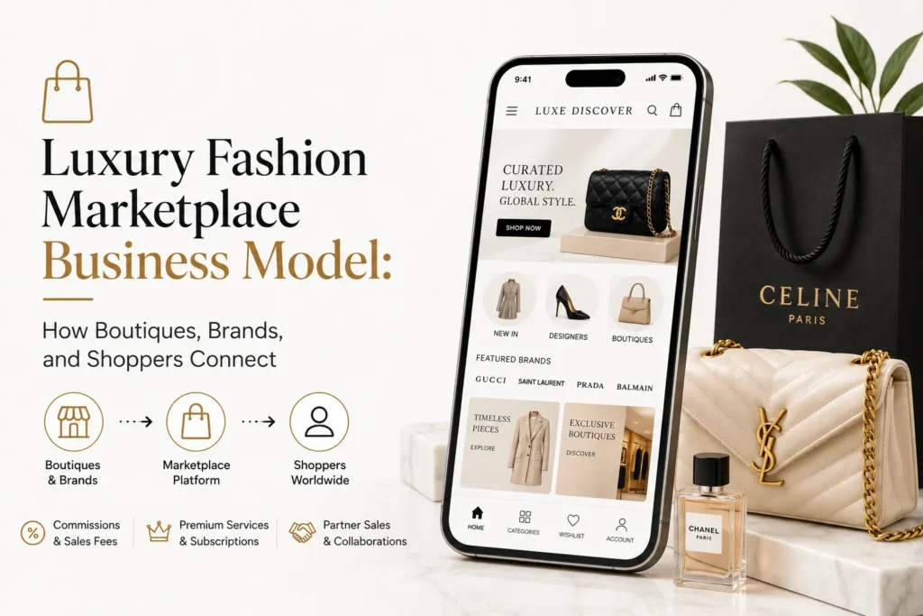 Luxury fashion marketplace business model connecting boutiques, brands, and shoppers through commissions, premium services, subscriptions, and partner sales