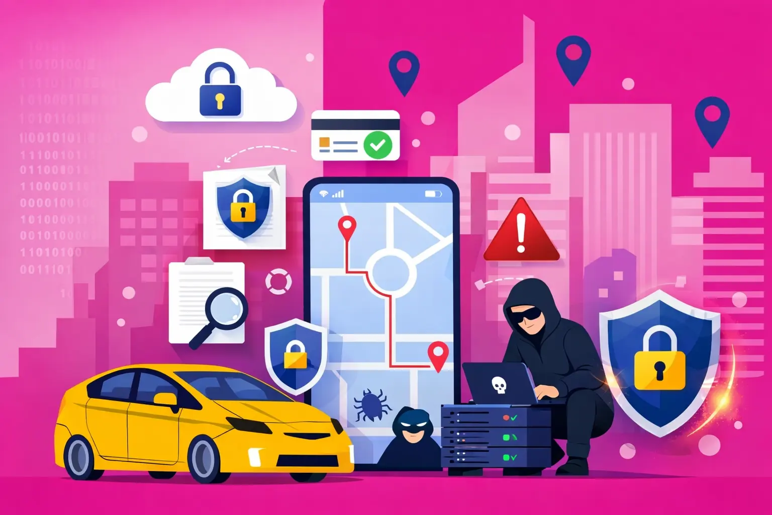 White-label Lyft-style app security illustration showing encrypted location tracking, secure payments, and data protection for ride-hailing platforms