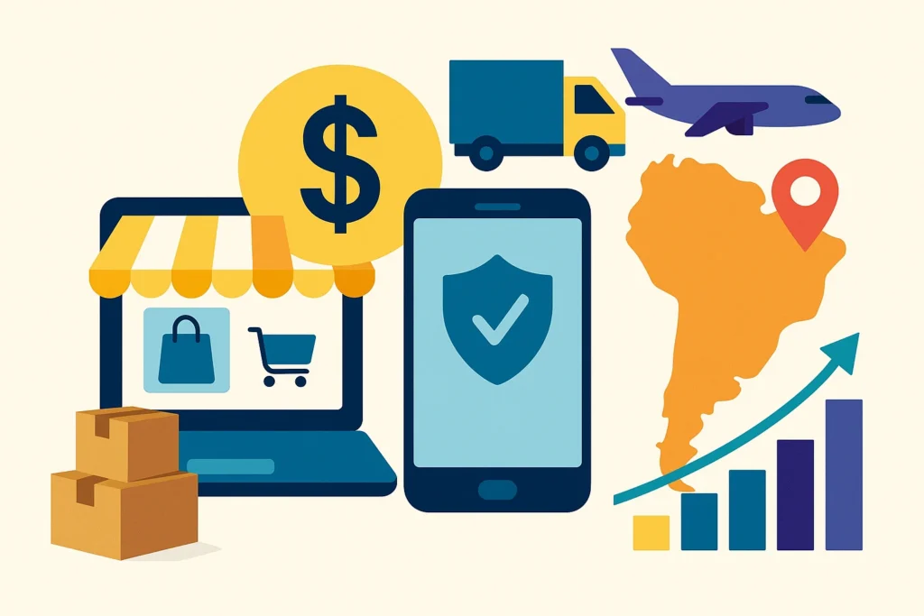 A creative conceptual illustration representing Mercado Libre’s 2025 revenue model showing marketplace elements, fintech growth, logistics network, and Latin American digital commerce ecosystem in a modern, clean rectangular layout.