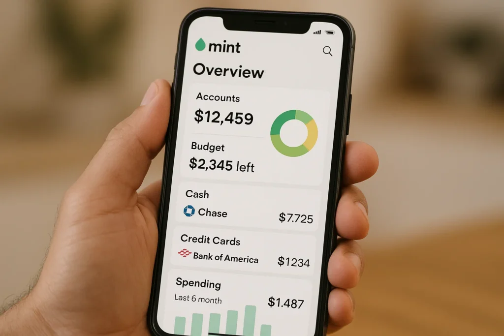 Hand holding a smartphone displaying the Mint app financial overview screen, showing total accounts balance of $12,459, remaining budget of $2,345 with a circular chart, cash balance from Chase, credit card balance from Bank of America, and recent spending summary.
