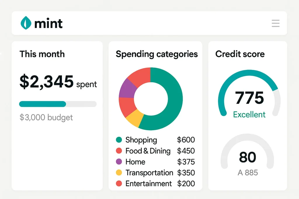 Mint app dashboard showing this month’s spending of $2,345 out of a $3,000 budget, a donut chart of spending categories including shopping, food and dining, home, transportation, and entertainment, and a credit score display showing 775 rated as excellent.