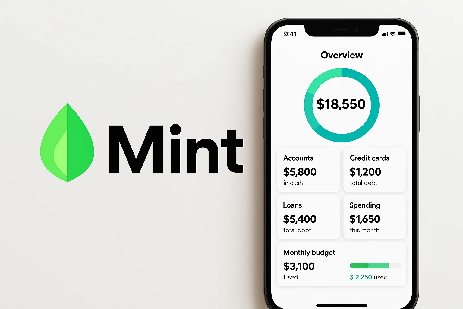 Mint app interface showing a financial overview dashboard with a circular chart displaying a total balance of $18,550, along with breakdown widgets for accounts ($5,800), credit card debt ($1,200), loans ($5,400), spending ($1,650), and monthly budget usage shown with a progress bar.