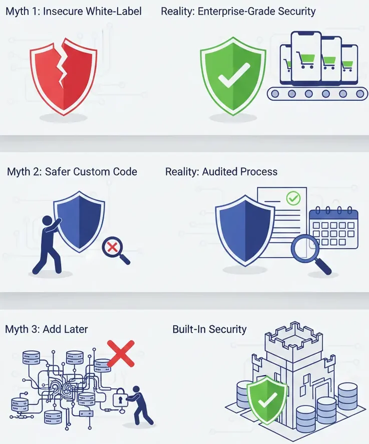 A conceptual graphic showing a clear contrast between a flawed security concept (broken chain) and the robust reality of security testing (strong shield icon) in app development.