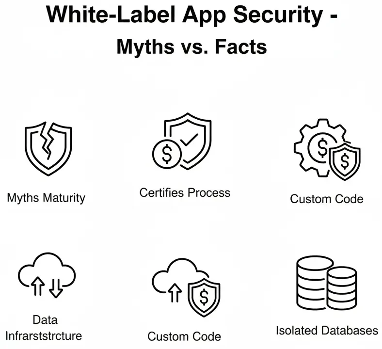 A conceptual graphic contrasting two blocks: one representing a secure, certified white-label app (shield icon) and the other representing a risky, rushed custom-built app (warning icon).