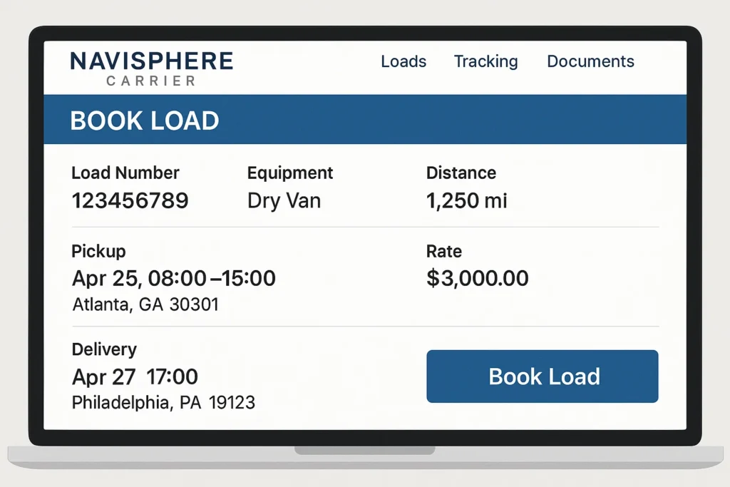 Navisphere Carrier booking interface showing load details for Load #123456. The screen displays a pickup in Chicago, IL scheduled for Monday, April 25, 2024 from 08:00 to 16:00, and delivery in Atlanta, GA on Wednesday, April 27, 2024 during the same time window.