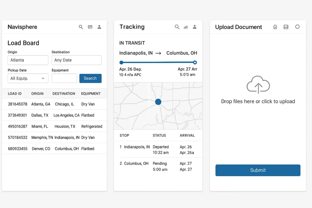 Navisphere dashboard showing three connected freight-management panels.
The first panel displays a Load Board with filters for origin, destination, pickup date, and equipment type. A list of available loads includes entries from Atlanta to Chicago, Dallas to Los Angeles, Miami to Houston, Memphis to Indianapolis, and Denver to Columbus, with equipment types such as dry van, flatbed, and refrigerated.
The second panel shows a shipment tracking screen marked “In Transit” from Indianapolis, IN to Columbus, OH. A progress timeline shows departure on April 26 and expected arrival on April 27, with a map pinpointing the current location. A stop-level status table shows the shipment departed Indianapolis and is pending arrival in Columbus.
The third panel displays an Upload Document module with an icon prompting the user to drop files or click to upload, followed by a blue Submit button.
The layout illustrates how Navisphere centralizes load search, real-time shipment visibility, and document submission in one interface for carriers and shippers.