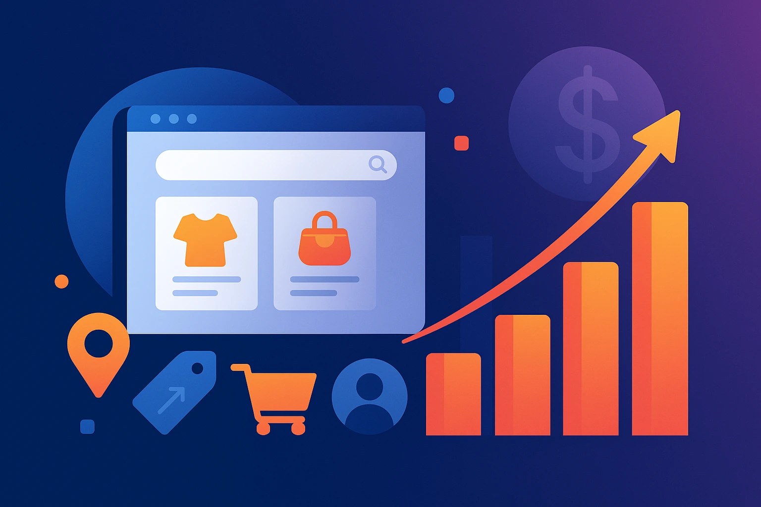 A visually creative representation of a classified marketplace platform with digital listing elements, growth bars, and marketplace activity visuals.