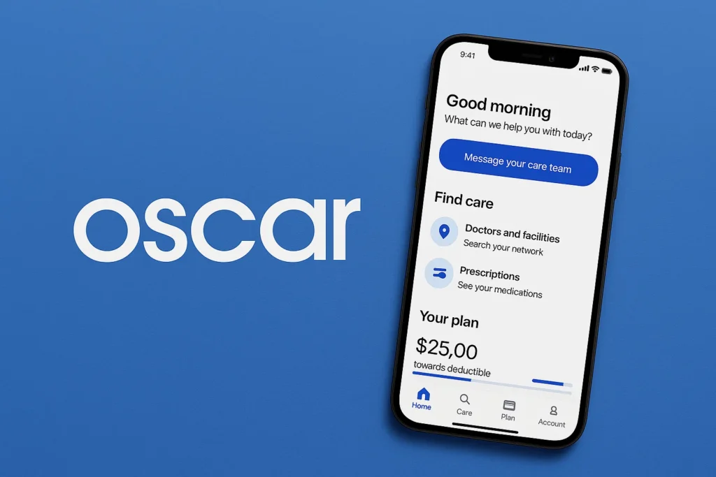 Oscar Health mobile app showing a clean blue and white interface with options to message the care team, find doctors and facilities, manage prescriptions, and view plan deductible details on a modern digital health insurance dashboard