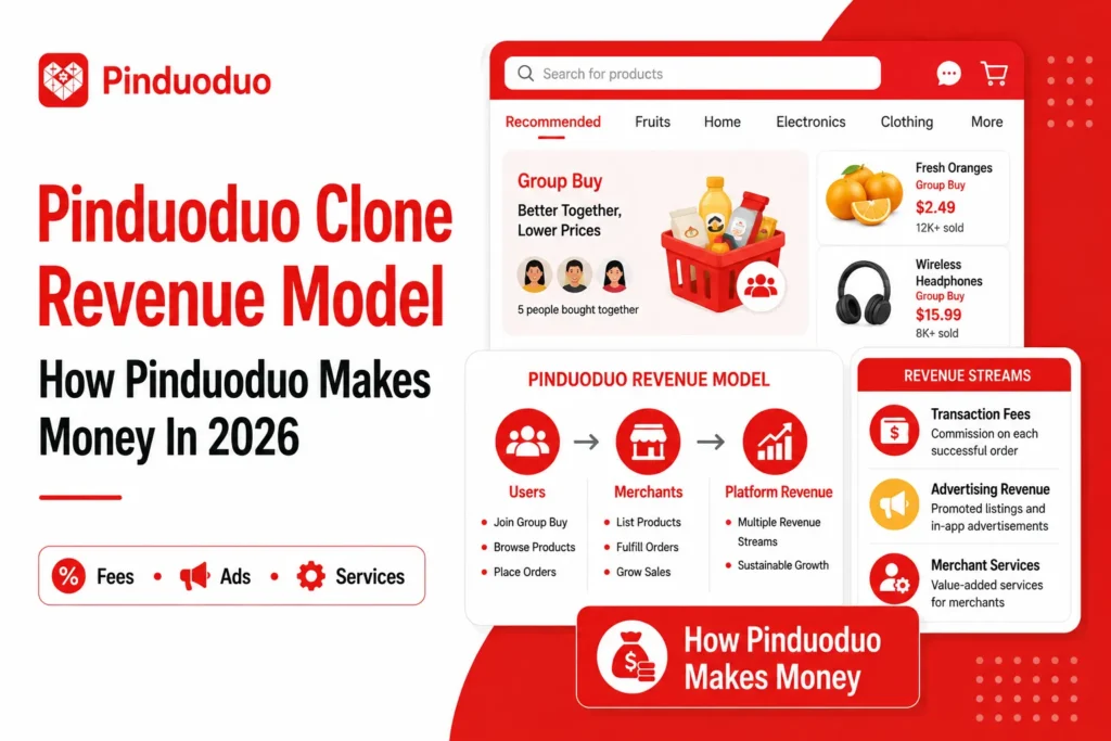Pinduoduo clone revenue model showing transaction fees, advertising revenue, merchant services, users, and group-buying marketplace sales
