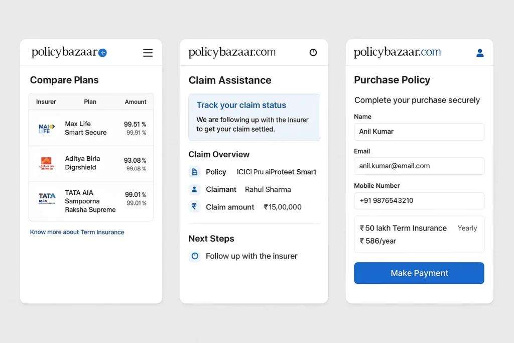 PolicyBazaar app screens showing three insurance-related workflows: plan comparison with insurer options and percentages, claim assistance with claim status and overview details, and a purchase policy form where the user enters personal information and selects a ₹50 lakh term insurance plan before making payment.