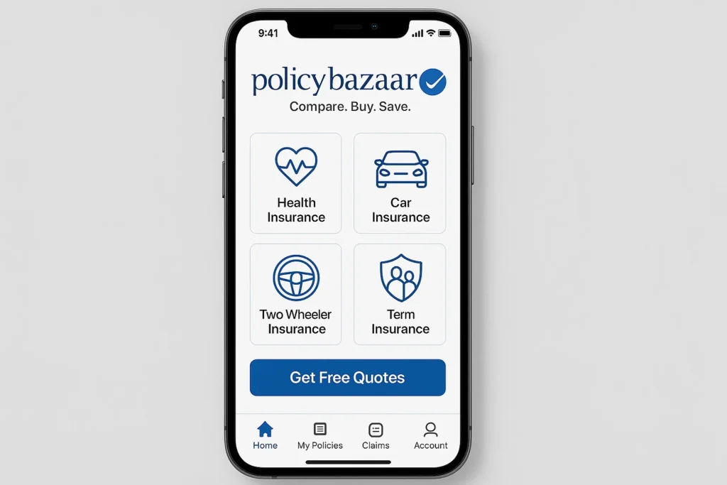 PolicyBazaar mobile app dashboard displaying quick-access insurance options including Health Insurance, Car Insurance, Two Wheeler Insurance, and Term Insurance, with a “Get Free Quotes” button and bottom navigation menu for Home, Policies, Claims, and Account.