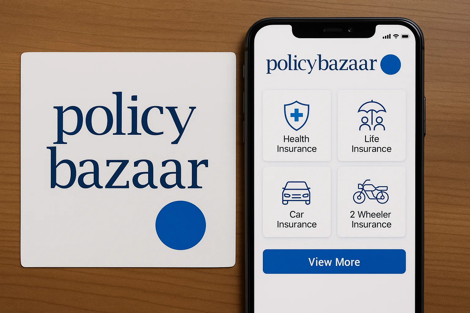 PolicyBazaar mobile app interface showing a welcome screen with insurance categories including Health Insurance, Life Insurance, Car Insurance, Two Wheeler Insurance, and Term Insurance. The PolicyBazaar logo appears on the left, and the phone screen displays neatly designed blue icons and a “View More Plans” button on a clean white background.